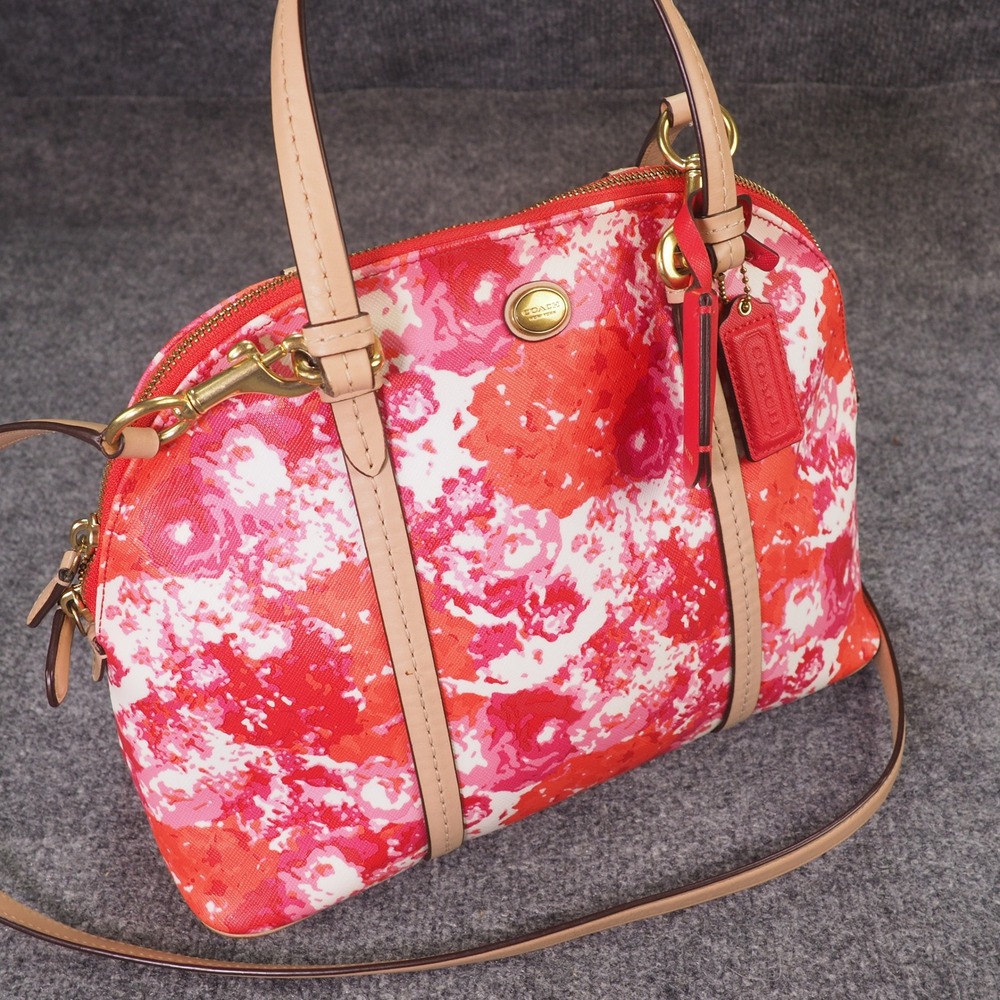 Coach Cora Domed Satchel F31341 Pink Red Floral Crossbody Handbag Purse